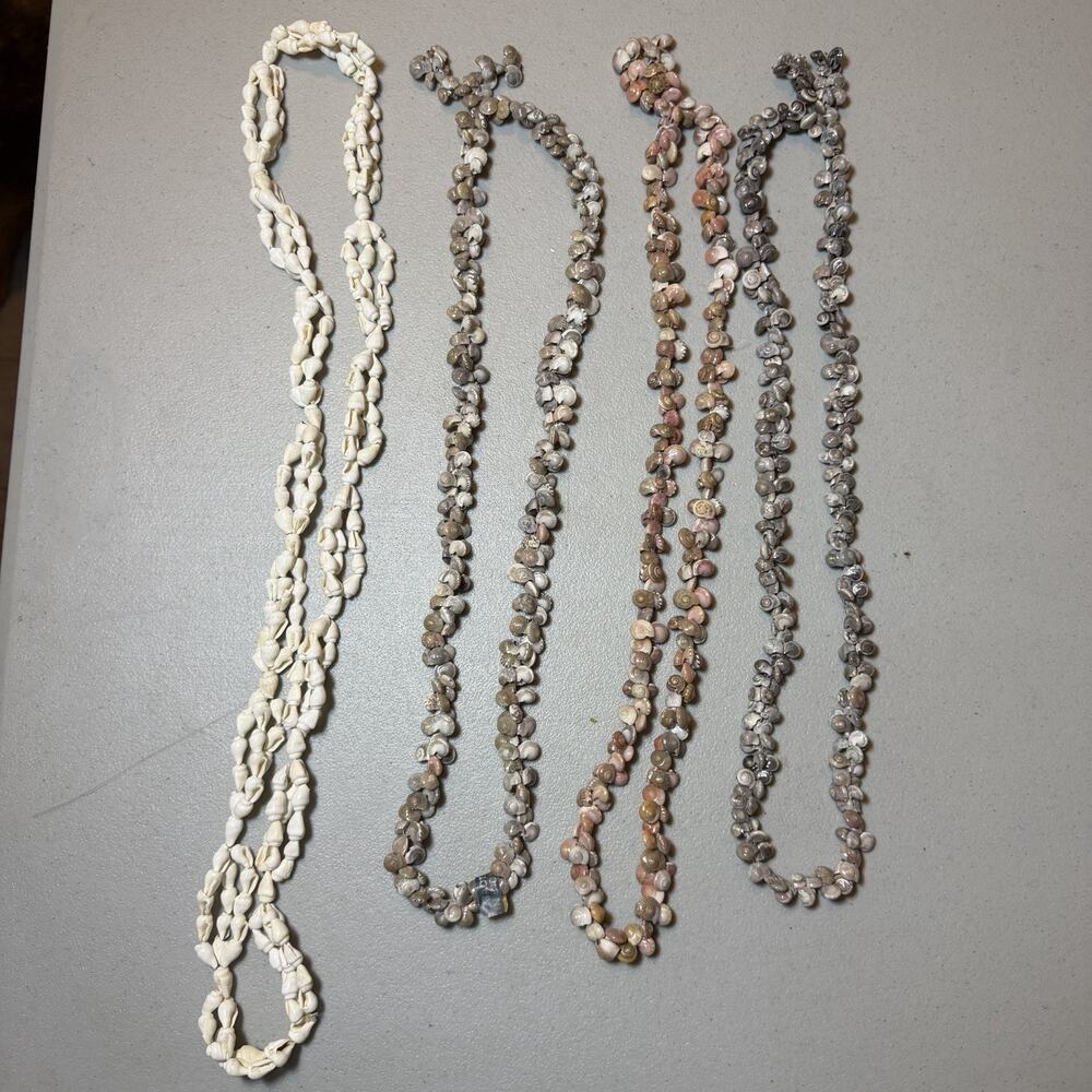 Lot of 4 Vintage Hawaiian Shell Lei Necklaces Cream Cowrie Sprial Shells